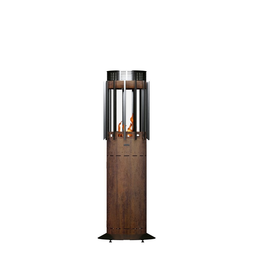 Selene Hedges gas heater by GlammFire, showcasing a modern and perforated black cylindrical design, ideal for outdoor heating in gardens and patios.