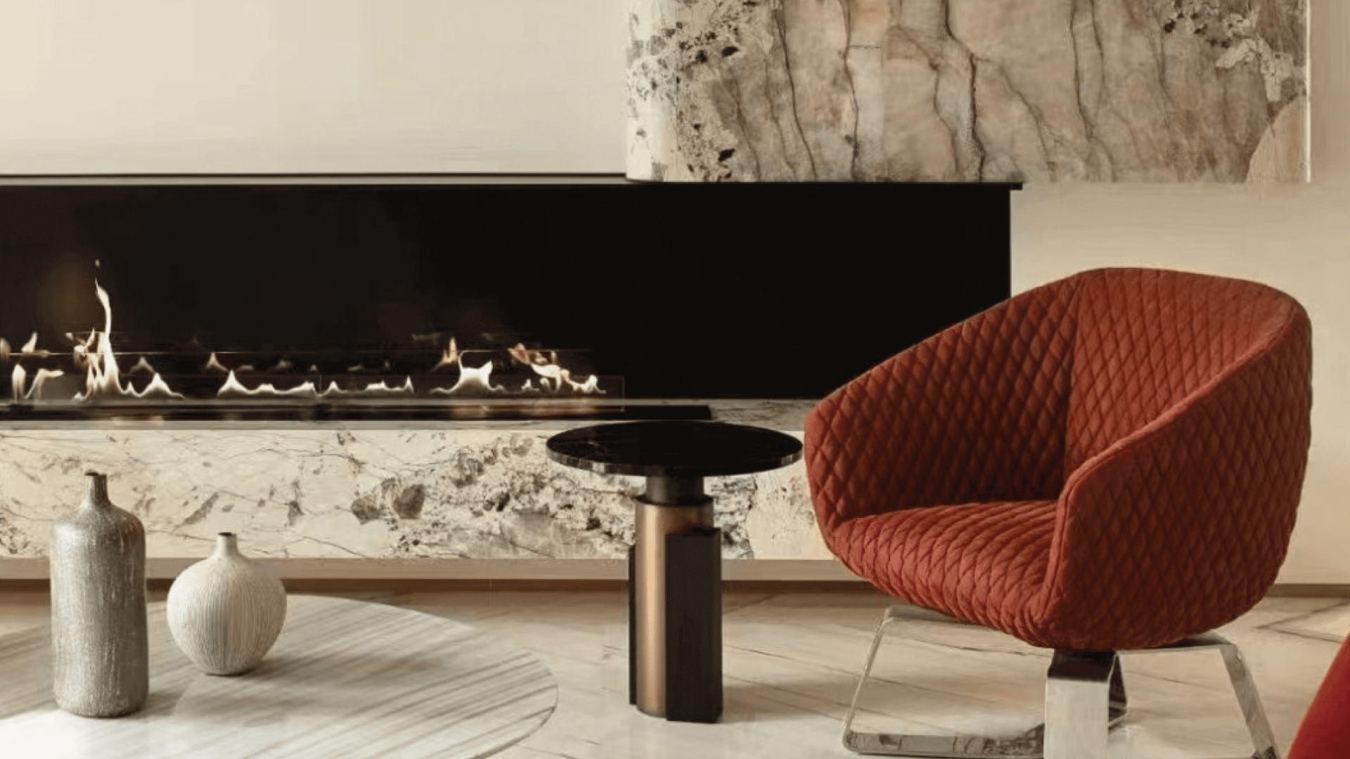 Fire Line bioethanol burner by GlammFire in a modern living room with marble accents and stylish seating